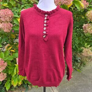 Demure BTFBM Cranberry Holiday Henley High Neck Pullover Sweater Ruffles Buttons